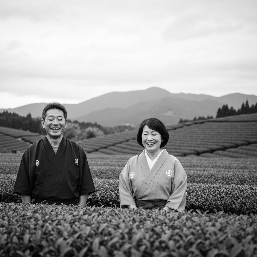Japanese tea farmers in traditional tea plantation